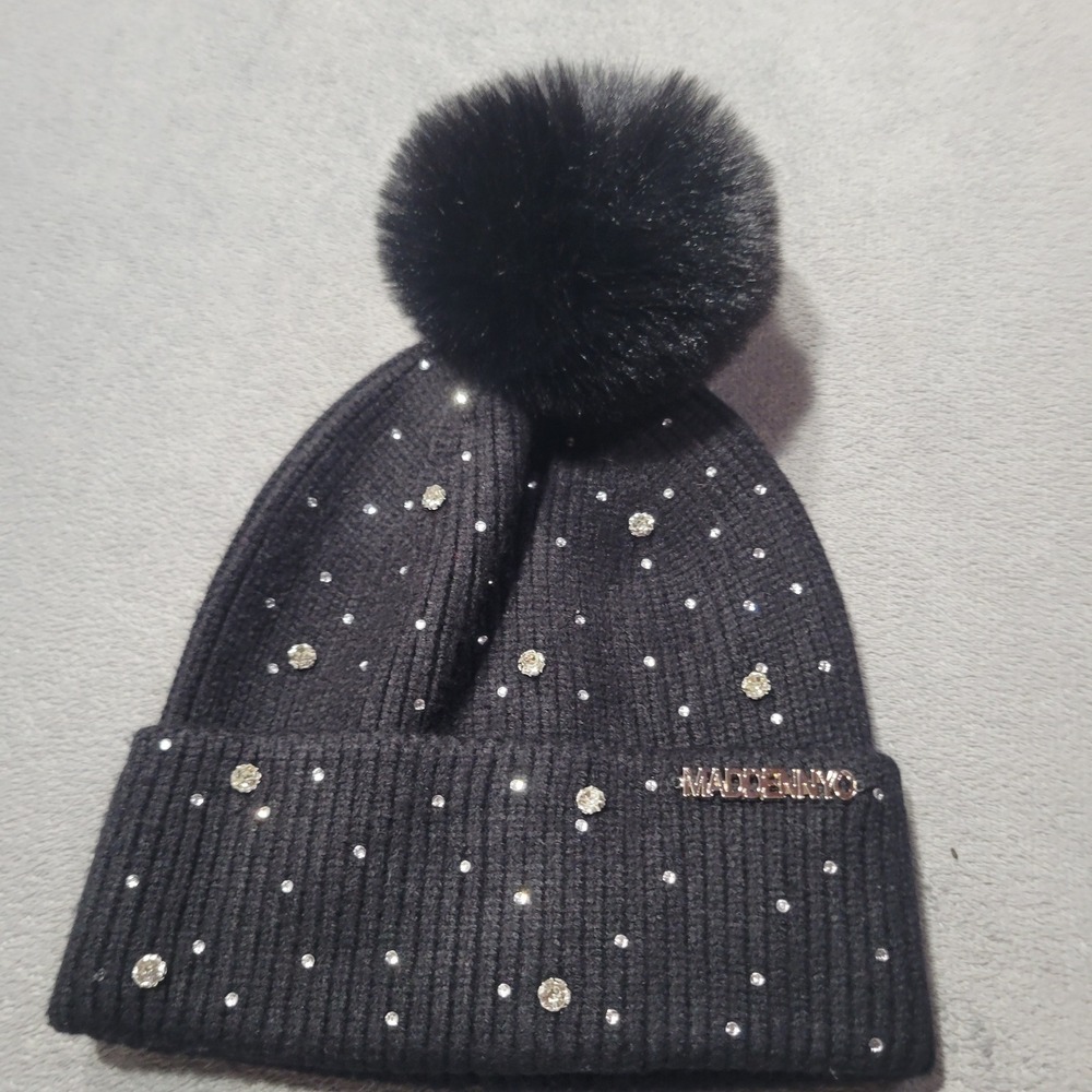 Madden NYC Women Beanie Hat OS Black Rhinestone Faux Fur Pom Cuffed Winter